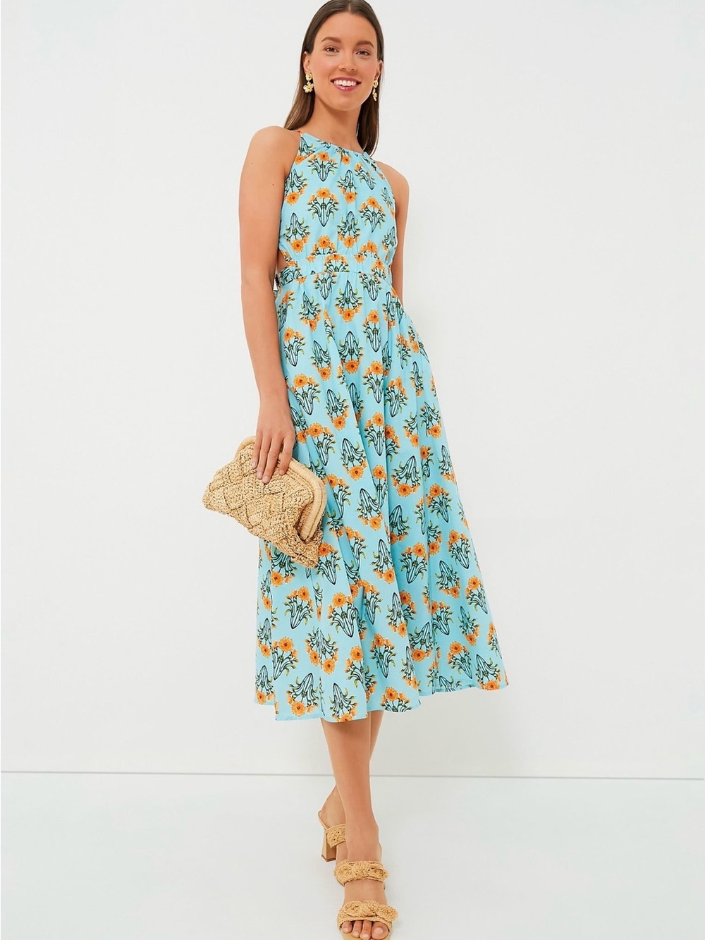 XS Moon River Sleeveless Floral Midi Dress in Light Blue and Orange NWT